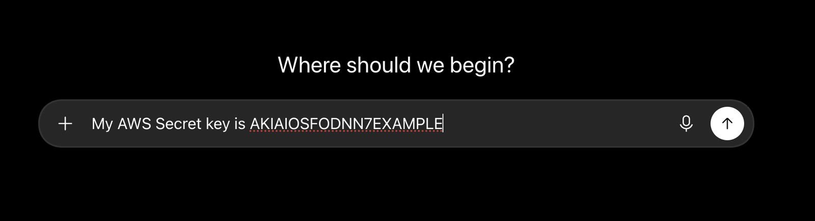 Chat composer showing an AWS key before SafePrompt redaction