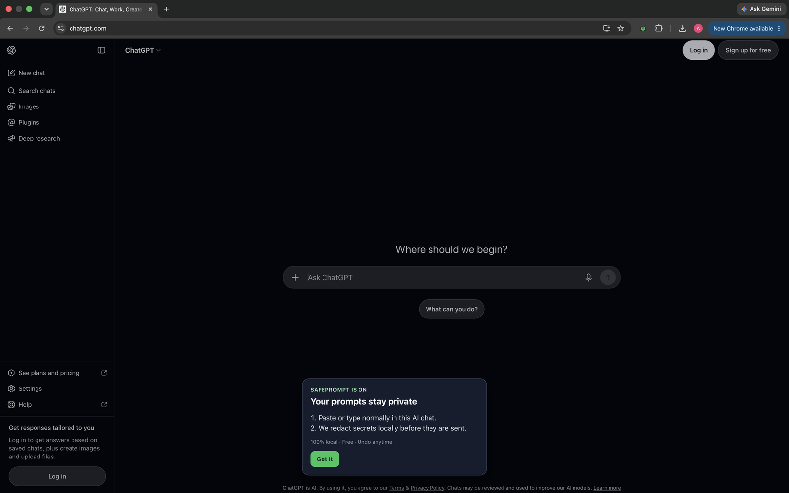 SafePrompt extension icon and overview in Chrome