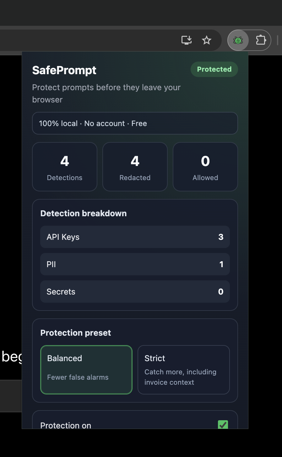 SafePrompt popup showing detections, redactions, and Balanced preset