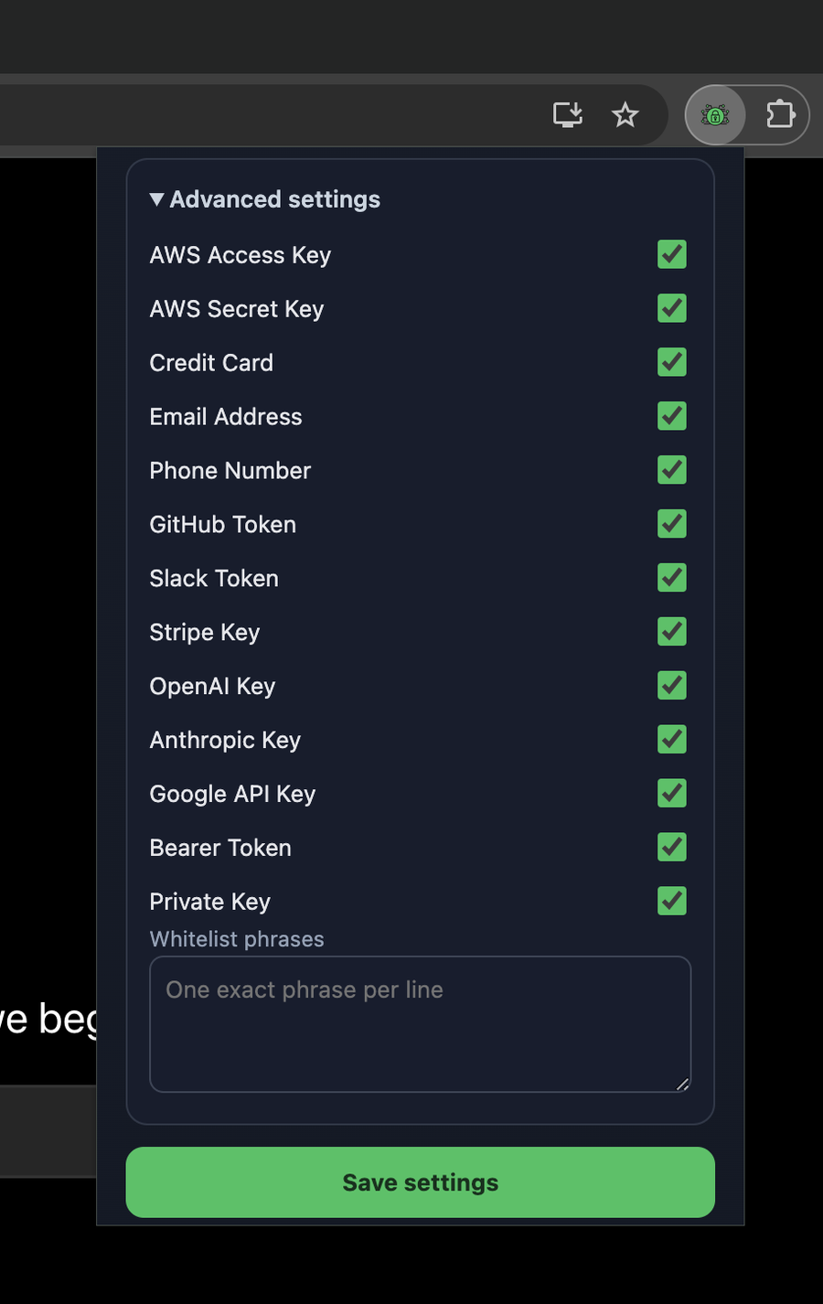 SafePrompt advanced settings with detection rule toggles and whitelist